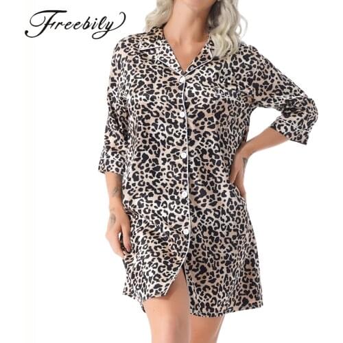 Womens Satin Nightshirt Button Down Nightgown 3/4 Sleeve Shirt Dress Sleepshirt