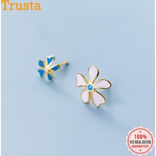 Trustdavis Genuine Fashion 925 Sterling Silver Asymmetric Botany Color Flower Stud Earring For Women Fine Silver Jewelry DA320
