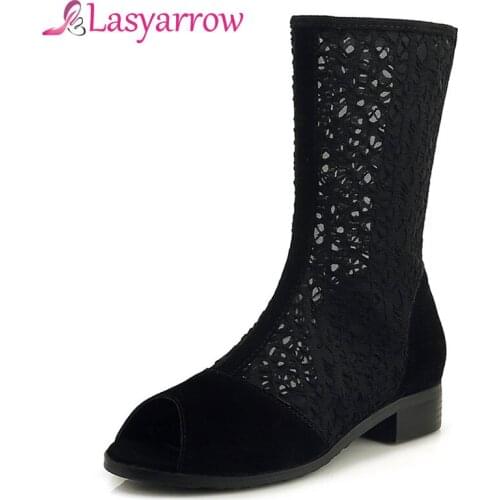Lasyarrow 2019 ankle boots women shoes peep toe flock summer boots zipper hollow out Square heels shoes woman big size 33-43