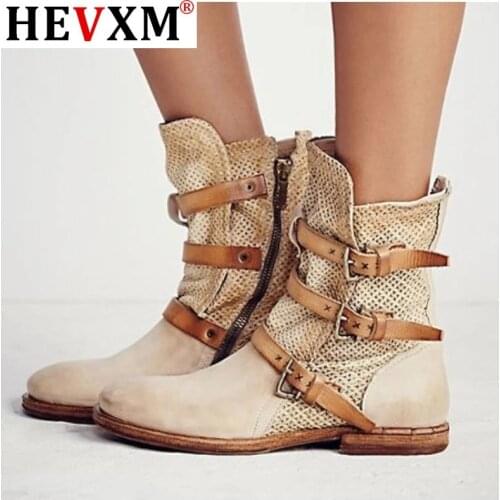 Womens Boots Flat Round Toe Shoes Breathable Solid Color Retro Buckles Shoes Comfortable Women Office Party Western Boots