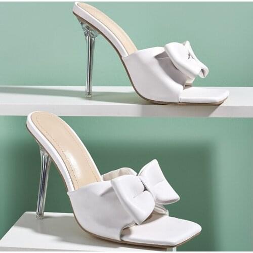 2021 New Slippers Women Sweet Bowtie Crystal Heel Slides Transparent High Heel Open Toe Outdoor Female Pumps Blue Summer Shoes