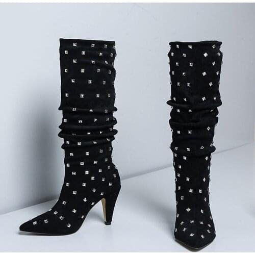 Spring Ladies Black Suede Leather Metal Rivets Studs Mid Calf Boots Women Spike Heels Gladiator Pointed toe Boots Female Shoes