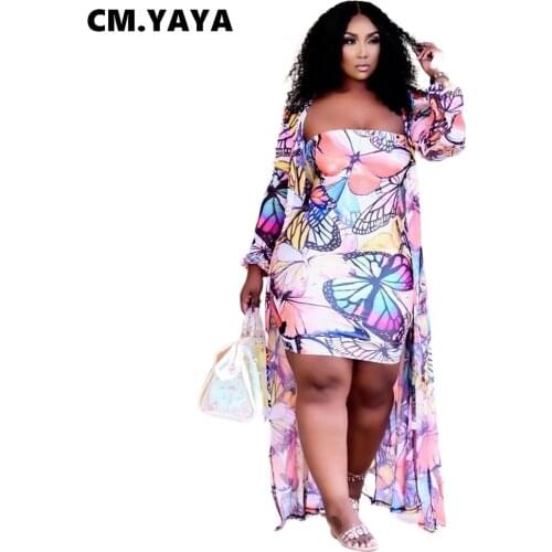 CM.YAYA Women Plus Size Set Tie Dye Print Strapless Sheath Elastic Mini Dress Full Sleeve X-long Coat 2 Piece Set Casual Outfits