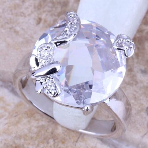 Pretty White CZ Silver Plated Butterfly Womens Jewelry Ring Size 6 / 7 / 8 / 9 R0572