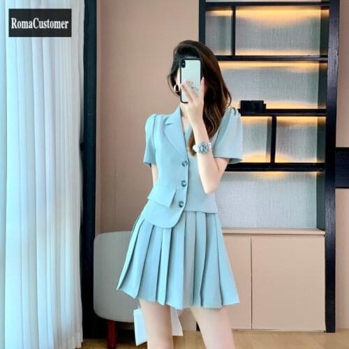 2021 Summer New Womens Professional Suits Dress Blue Fake Two Vintage Korean Office Lady Elegant Solid Fashion Pleated Dress