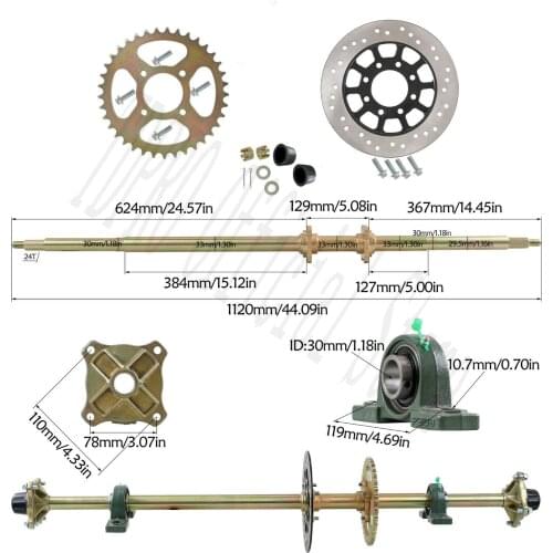 1120mm (44 inch) Go Kart Rear Axle kit Sprocket & Hub Pillow Blocks Golf Trike Drift