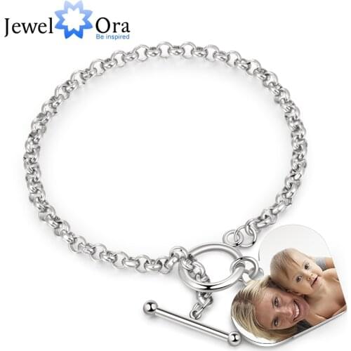 JewelOra Personalized Custom Photo Heart Bracelets for Women Stainless Steel Chain Cuff Bracelet Engraving Jewelry Gifts for Her