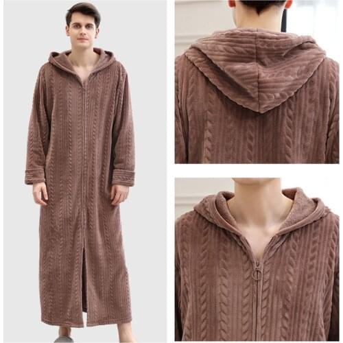 Europe Plus Size Zipper Long Dressing Gown Winter Flannel Hooded Mens Bathrobe Solid Color Thick Home Robe Male Warm Nightgown
