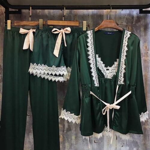 Night gown robe set for women 4 Pieces Sexy silk satin Lace Long Sleeve Elastic Elegant Bathrobe Home Suits Sleepwear homewear