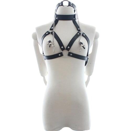 Leather Bondage Lingerie Open Breast Bra Chastity Clothes With Nipple Clamps O-Ring Mouth Gag Slave Restraints BDSM Sex Toys