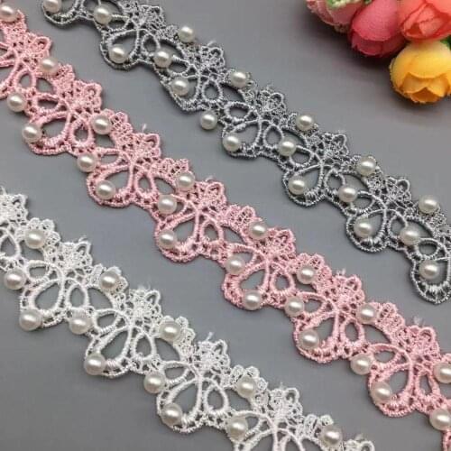 1 Yards White Pink and Grey Pearl Beaded Lace Trim Tape Lace Ribbon African Lace Fabric Collar Dress Sewing Garment Headdress Ma