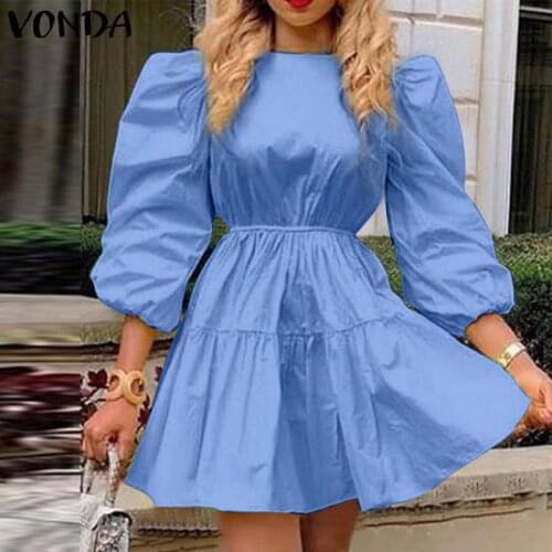 Summer Dress VONDA 2021 Women Solid Color Casual Short Sleeve Pleated Bow Square Neck Dresses Loose Puff Sleeve Beach Sundress