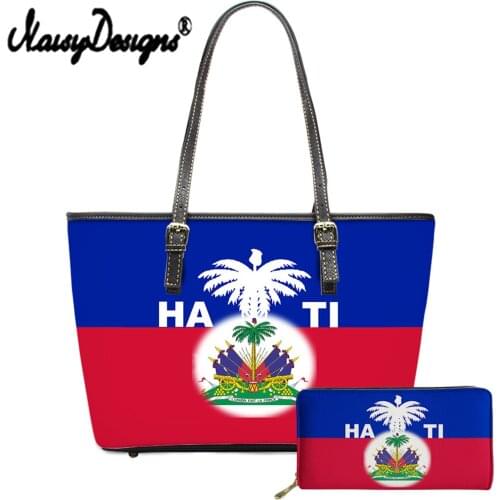 NOISYDESIGNS Hot Sale Flag Of Haiti Print Classical Women Large Capacity Shoulder Bag Wallet 2Set Girls Fashion Leather Tote Bag