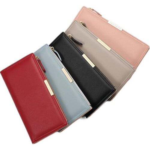 Fashion Solid Color Long Ladies Wallets PU Leather Card Holder Metal Buckle Money Bag Many Departments Clutch Womens Purse