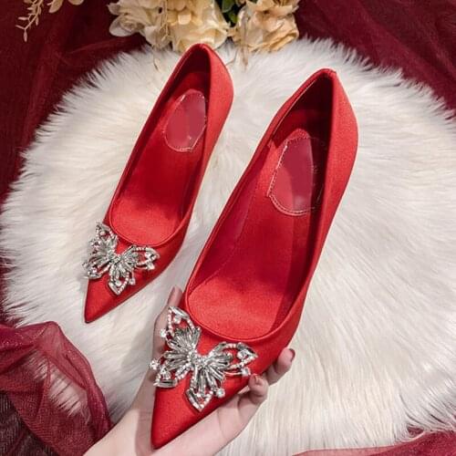 Fashion Slik Luxury Brand Design Women Shoes Pointed Toe with Pearls High Heel butterfly Shoes Wedding Shoes