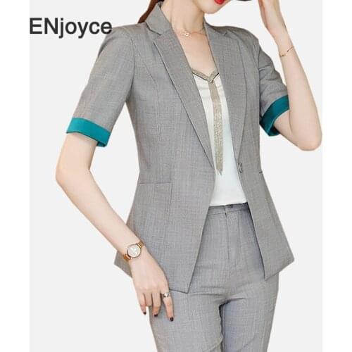 Fashion Women Korean Style Grey Suits Rolled Short Sleeve Blazer Office Ladies Interview Business Work Wear 2020 Summer