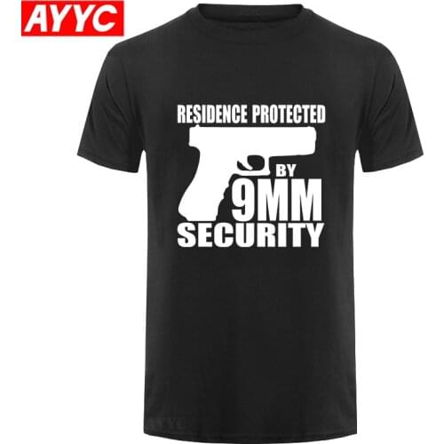 Mens T Shirts Fashion 2019 Game Pistol RESIDENCE PROTECTED BY 9MM SECURITY Letter Funny Print Cotton T Shirt Men Top