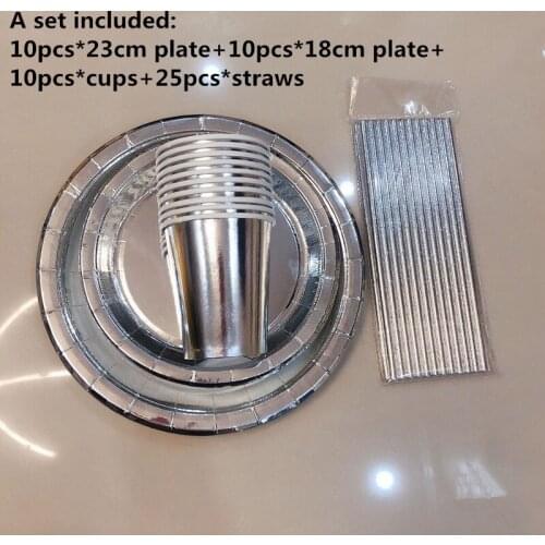 A Set Packing Rose Gold Silver Disposable Paper Plates Cups GildingTableware Party Supplies Decoration