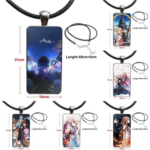 For Men Women Stainless Steel Color Glass Cabochon With Rectangle Shaped Pendant Choker Necklace Japanes Anime Sword Art Online
