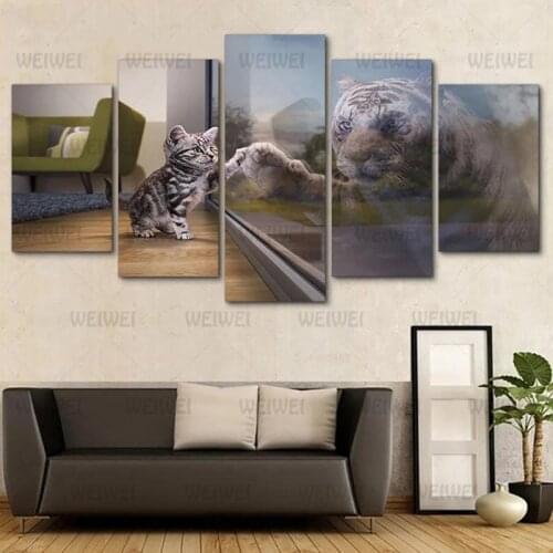 Animals Poster Big Tiger and Little Tiger Touching The Mirror Home Wall Art Decoration Canvas Painting for Bedroom Living Room