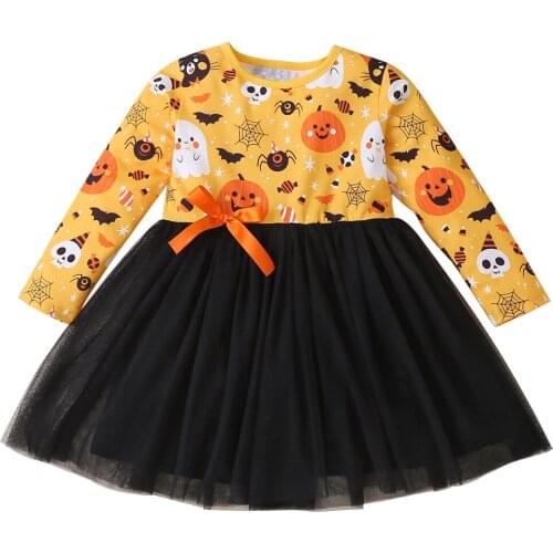 Cute Toddler Kids Baby Girl Halloween Cartoon Tulle Party Dress Lovely Kids Girls Short Sleeve Pumpkin Printed Dresses Costume