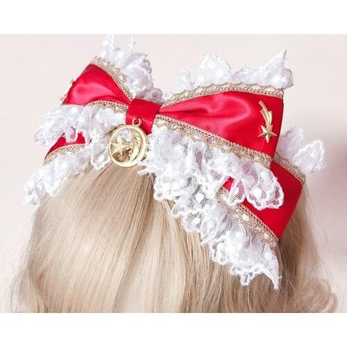 Star&Strawberry Sweet Handmade Headwear Bow Hairband KC Hair Ribbon Headband Lolita Lace Original Design Cute Red+White+Gold
