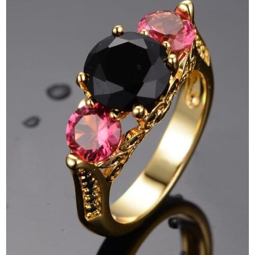 Luxury Female Black Red Crystal Ring Cute Gold Color Wedding Thin Rings For Women Vintage Bride Round Zircon Engagement Ring