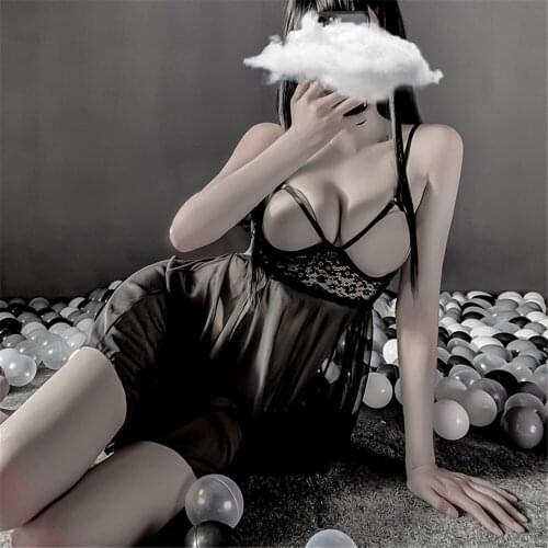 Sexy Lingerie Voile Transparent Lace Hollowing Out Nipple Pad Erotic Nightdress Braces Skirt G-string Babydoll Hot Underwear