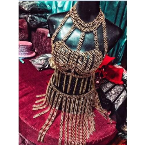 Sexy Body Chain Set Wide Alloy Breast bra Top Crop Cover Plus Metal Skirt Night Club Dance Show Perfomance Costume Body Jewelry