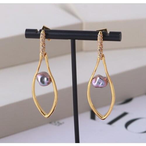 European and American style metal texture hollow out geometric water drop inlaid shaped baroque pearl long earrings for women