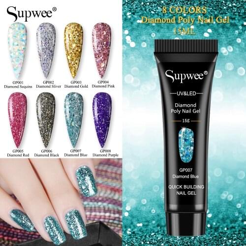 SUPWEE 15ml Poly Glitter Nail Gel Quick Builder Gel All for Manicure Nail Art Design Luminous Extension Semi Permanent Nail Gel