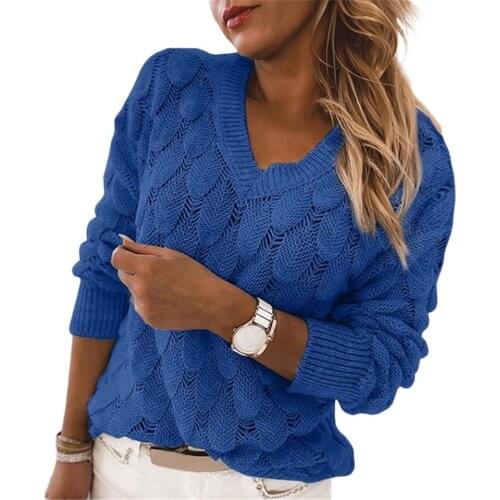Autumn Winter Sweater Women Long Sleeve V Neck Knitted Sweater Hollow Out Feather Jumpers Fashion Casual Oversize Sweater
