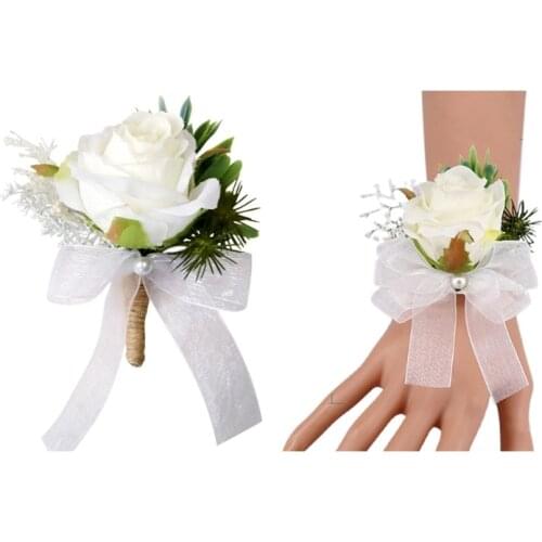 U90E Rose Boutonniere Handmade Wrist Corsage Classic Artificial Groom Bride Flowers Brooch with Pin for Wedding Prom Party