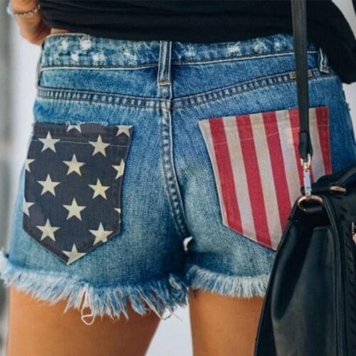 Ladies Jeans Ripped Holes and Tassels USA Flag Printed Denim Shorts Womens Pants