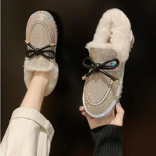 Full diamond ribbon snow boots womens boots winter short tube 2019 new fashion plus velvet thickened pedal cotton shoes