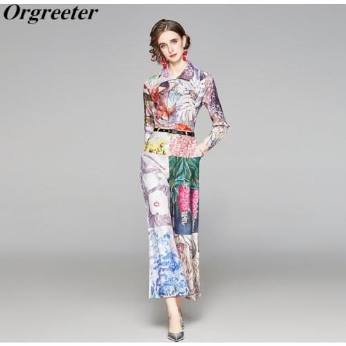 Fashion Runway Spring Fall Pants Two piece Set Women Long Sleeve Floral Print Shirts + Casual Long Flare Pants Suits
