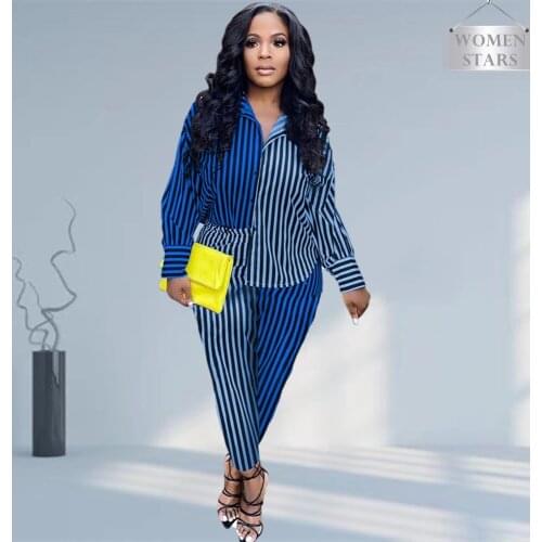 New Style 2021 Outfits for Women Matching Leggings Set Casual Lapel Long Sleeve Striped Shirt Two-piece Wholesale Dropshipping