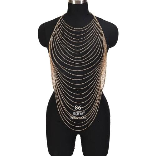 Gold Metal NeckLack Multi-layer Top Cage Chest Sexy Harness Jewelry Beach Dance Rave Women Plus Size Body Chain Harajuku Boho