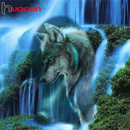 Huacan Full Diamond Embroidery Mosaic Wolf Waterfall 5D Diamond Painting Animals Rhinestone Pictures Decoration For Home