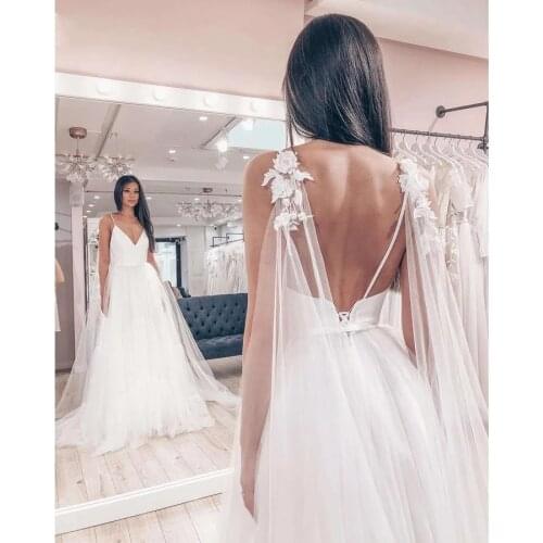 Angelsbridep Spaghetti Straps A-Line Tulle Wedding Dress Vestidos De Novia Sexy Backless Handmade Flowers Formal Bride Dresses