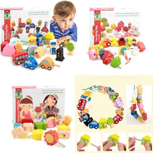 Wooden Toys Baby City Threading Beads String Lacing Puzzle Early Learning Educational Crafts Toys For Toddler Children DIY Toys