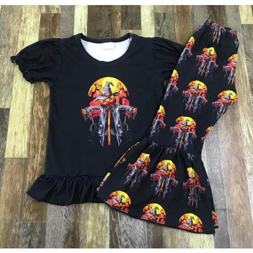 Childrens new Halloween horror pumpkin scarecrow black lace short sleeve bell bottom suit
