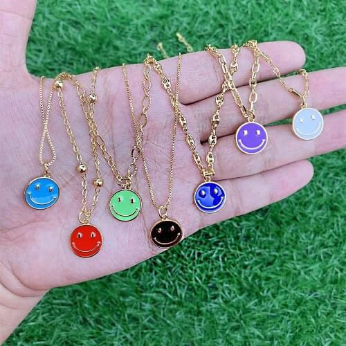 Personality 18k Gold Plated Brass Enamel Smile Face Pendant Necklace