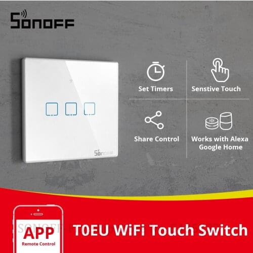Itead SONOFF Smart Touch Switch T0EU 1/2/3 Gang Wifi Wall Light Switch Glass Remote Control WorkWith Alexa Google Home e-Welink