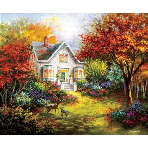 Jmine Div 5D Fall Trees Autumn House Full Diamond Painting cross stitch kits art High Quality Scenic 3D paint by diamonds