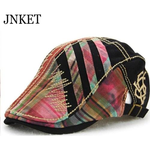 JNKET Leisure Men and Women‘s Peaked Cap Stitching Fabric Beret Hat Plaid Pattern Duckbill Cap Casquette Pure Cotton Cap Sun Hat