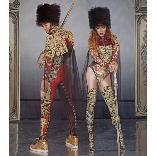 2020 Man Women New Stage Performance Army Uniform Cosplay Costume Vintage Printing Jumpsuit Cape Dance Outfit Role Show Clothes