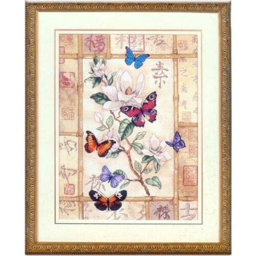 Fishxx Cross Stitch Package T123 Magnolia Butterfly Plant Floral Beautiful Pattern Hand Embroidered Creamy Embroidered Cloth
