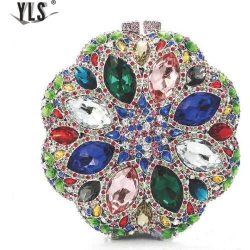 Circular Round Ladies Crystal Evening Clutch Bag Rhinestones Bridal Wedding Clutches Purse Women Party Flower Dinner Handbags
