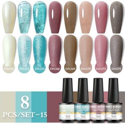MEET ACROSS 3/8PCS Glitter Series Gel Nail Polish Set Nail Art Clear Varnish Soak Off UV LED Gel Nail Matte Base Top Coat